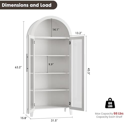 Garvee Arched Cabinet with Glass Doors, 5-Tier Kitchen Pantry Cabinet with Adjustable Shelves, Farmhouse Display Storage Cabinet for Dining Room, Living Room, White