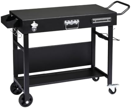 Portable Outdoor Grill Table Cart with Wheels, Foldable BBQ Prep Station, Rolling Food Prep Table with Bottle Opener, Seasoning Tray, Trash Bag Holder, Lower Shelf, Black