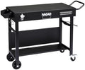 Portable Outdoor Grill Table Cart with Wheels, Foldable BBQ Prep Station, Rolling Food Prep Table with Bottle Opener, Seasoning Tray, Trash Bag Holder, Lower Shelf, Black