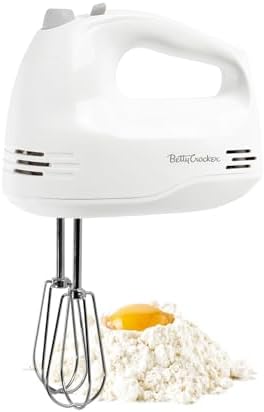 Betty Crocker 5-Speed Hand Mixer, 150 Watts Power, Easy-Clean Chrome Plate Beaters, Beater Eject Button, Heel Rest, Sleek Compact Design, Apartment Essentials, BC-4203WT, White