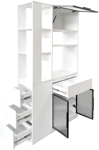 KEIKI 70.87" Tall Kitchen Pantry Storage Cabinet with 5 Drawers, Side Shelves, Glass Doors & Microwave Stand, Freestanding Wood Hutch Food Pantries Cupboard Organizer for Entrance Dining Room, Hallway