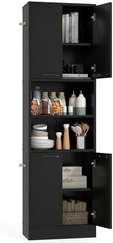 75” Kitchen Pantry Cabinet, Tall Freestanding Kitchen Hutch with 4 Doors, 2 Open Shelves & 4 Anti-Tipping Devices, Bathroom Storage Cabinet for Living Room, Dining Room (Black)