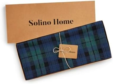 Solino Home 100% Pure Linen Table Runner, 14 x 36 in, Blue and Green Plaid