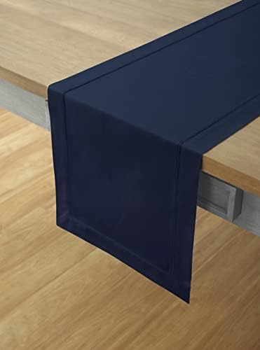Solino Home Cotton Linen Table Runner Navy Hemstitch, 14 x 144 in
