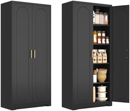 Polup 71" Black Metal Kitchen Pantry Storage Cabinet with Doors and Shelves