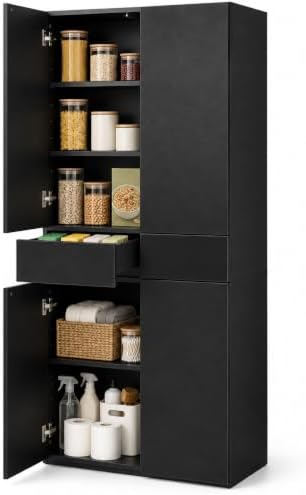 67-Inch Multi-Functional Kitchen Pantry Cabinet with 4 Doors, 3 Adjustable Shelves, 2 Cabinets with 1 Drawer – Elegant Freestanding Farmhouse Storage for Kitchen, Dining and Living Room (Black)