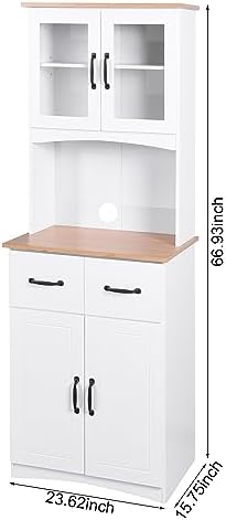 GDFStudio Wooden Kitchen Pantry Cupboard with Framed Glass Doors & Drawer, Freestanding Storage Cabinet Hutch, Kitchen Living Room Rectangle Storage Cabinet, Home Organization Cupboard, White