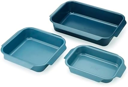 Joseph Joseph Nest Bakeware and Roasting Pan Set of 3, Stackable Oven Trays, Carbon Steel Baking Pans with Non-Stick Coating, Easy-Pull Handles, Organized Kitchen Storage