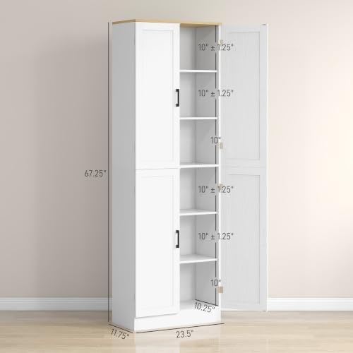 HOMCOM 67" Freestanding Kitchen Pantry 4-Door Cabinet Distressed White