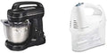 Hamilton Beach Electric Stand Mixer, 4 Quarts, Dough Hook, Flat Beater Attachments, Splash Guard 7 Speeds with Whisk, Black with Top Handle and Hamilton Beach 6-Speed Electric Hand Mixer with Whisk, Traditional Beaters, Snap-On Storage Case, White
