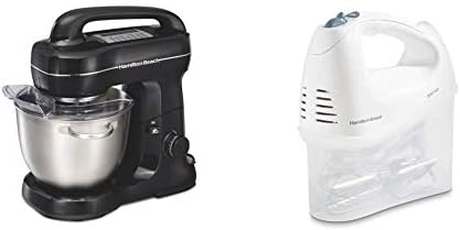 Hamilton Beach Electric Stand Mixer, 4 Quarts, Dough Hook, Flat Beater Attachments, Splash Guard 7 Speeds with Whisk, Black with Top Handle and Hamilton Beach 6-Speed Electric Hand Mixer with Whisk, Traditional Beaters, Snap-On Storage Case, White