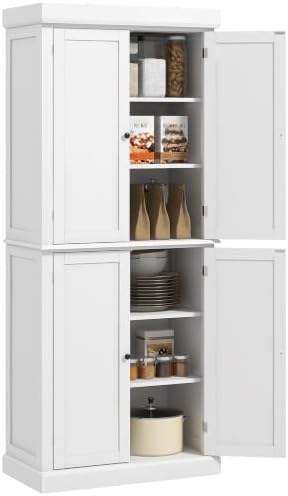 HOMCOM 72.5" Tall Kitchen Pantry Cabinet 4 Doors Modern White
