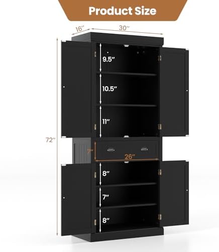 GIANTEX Pantry Organizers and Storage, 72" Tall Kitchen Cabinet with 2-Door Cabinets & Drawer, Buffet Sideboard w/Adjustable Shelves, Wooden Freestanding Cupboard for Dining Room Living Room (Black)