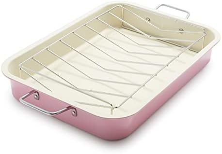 GreenLife 16.5” x 12” Healthy Ceramic Nonstick Roasting Pan with Stainless Steel Roaster Rack, PFAS-Free, PFOA-Free, Dishwasher Safe, Oven Safe, Easy Pouring Rims, Soft Pink