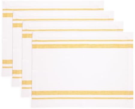 Solino Home 100% Pure Linen Placemats, 14 x 19 in, Yellow Striped, Set of 4