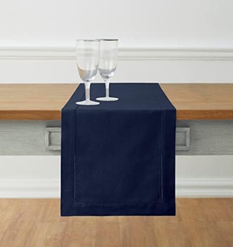 Solino Home Cotton Linen Table Runner Navy, Hemstitch Collection 14 x 72 in