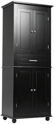 Merax 63" Pantry Cupboard with Four Doors & One Drawer, Bathroom Storage Cabinet with Adjustable Shelves for Home/Living Room/Dining Room/Kitchen, Black