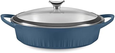 CorningWare QuickHeat 4-QT Cast Aluminum Braiser With Lid, Nonstick Ceramic Interior, Lightweight and Fast Even Heat Baking & Cooking, For Meats, Soup, Browning, Searing, French Navy