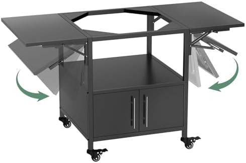 KEIKI Outdoor Grill Table for Big Green Egg, Metal BBQ Cart with Wheels and Dual Folding Side Shelves, Fits Large Green Egg and Kamado Joe Jr, Rolling Prep Station for Patio Cooking