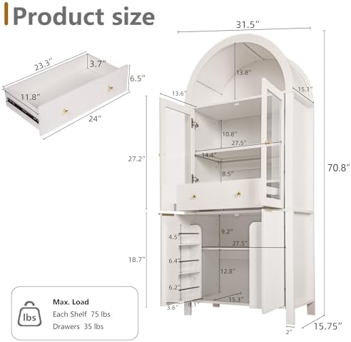 KEIKI 71" Tall Arched Kitchen Pantry Cabinet with Glass Door,Hidden Drawer,Farmhouse Storage with Adjustable Shelves Design for Kitchen,Living & Dining Room