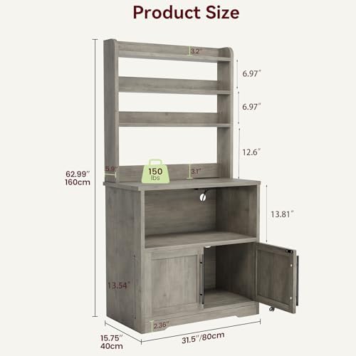 IDEALHOUSE Bakers Rack With Storage Cabinet, Microwave Stand With Power Outlets, Farmhouse pantry cabine With Thick Table Top, Small Kitchen Pantry Hutch Bakers Rack for Kitchen,Dining Room,Retro Gray