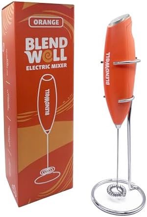 BlendWell Electric Milk Frother for Matcha and Coffee, Handheld Battery Operated Drink Mixer with Stand, Stainless Steel Whisk, Orange