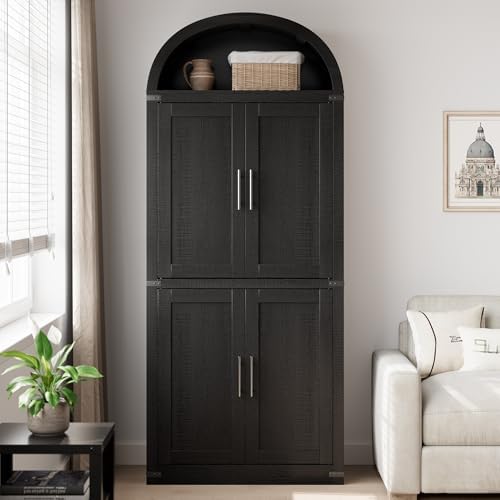 Takywep 71.6 Inch Tall Arched Pantry Cabinet with Doors, Farmhouse Storage Cabinet with Open Shelf and Metal Handles, 5 Tier Freestanding Bookcase for Kitchen Dining Room Living Room, Black