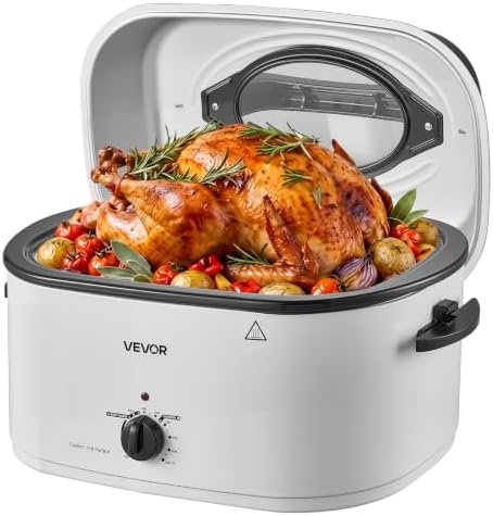 VEVOR Electric Roaster Oven, 26 Qt, Turkey Roasting Pan, White, Viewing Lid