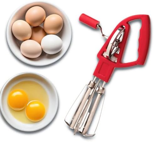 Kings County Tools Rotary Egg Beater Manual Hand Crank Mixer, Red
