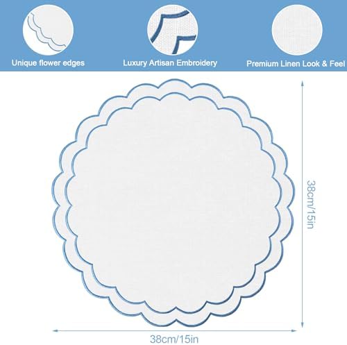 Set of 8 Cotton Linen Placemats, 15x15 Scalloped Flower Embroidery Cloth Table Mats Double Layered Fabric Machine Washable Wrinkle Free Dining Placemat for Restaurant Kitchen Decor, White with Blue