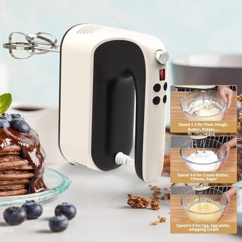 Yomelo 9-Speed Digital Hand Mixer Electric, 400W Powerful DC Motor, Hand Mixer Electric Handheld with Snap-On Storage Case, 5 Stainless Steel Accessories, Beaters, Dough Hooks, Whisk(Creamy/Black)