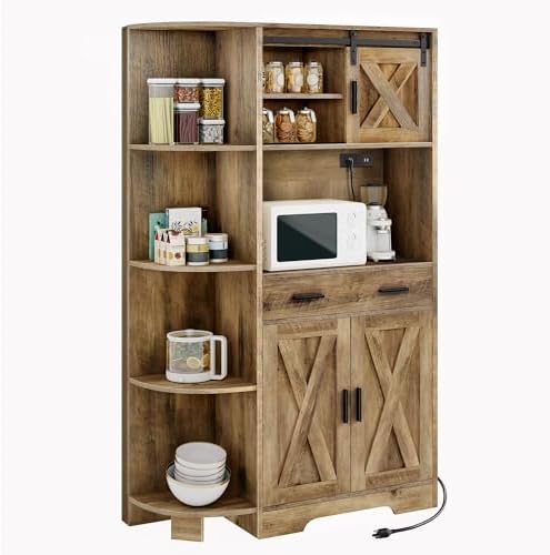 YITAHOME 67" Farmhouse Pantry with Power Outlet & Sliding Barn Door, Oak