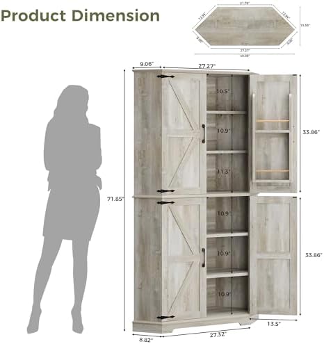 IRONCK Corner Cabinet, 72" Farmhouse Pantry Cabinet, Rustic Maple