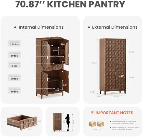 Pantry Cabinet, 71" Tall Pantry Cabinet,Modern Kitchen Cabinet with Doors, Drawers & Adjustable Shelves, Freestanding Food Pantry Cupboard with Side Rack for Kitchen Dining Room,Walnut