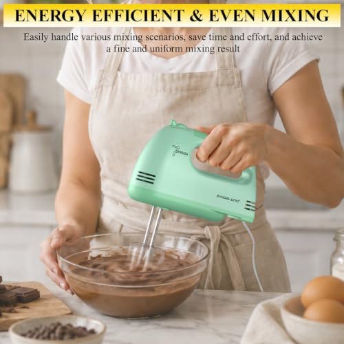BAIGELONG Hand Mixer. 7-Speed Adjustable Kitchen Electric Mixer. With 5 Stainless Steel Attachments: 2 Hooks, 2 Beaters, 1 Whisk. Comes 1 Storage Box. Perfect for Bakers and New Starters, Green