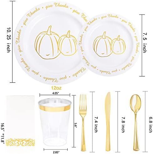 LIYH 175 Pcs Plastic Thanksgiving Plates Disposable Dinnerware sets, Thanksgiving Plates and Napkins, Gold Plastic Plate Napkins Fall Tableware 25 Guests