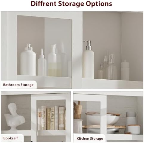 Takywep 70.45” Tall Farmhouse Kitchen Pantry Cabinet, Wood Storage Cabinet with 4 Doors & Adjustable Shelves, Anti-Tip Design, Sturdy Bookcase for Kitchen/Dining/Office, Rustic White-Glass