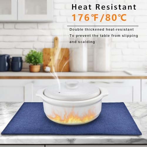 SLKQG Blue Faux Linen Placemats Set of 6, Heat Resistant Washable Double Layer Cloth Place Mats for Dining Table, Wrinkle Resistant Linen Textured Farmhouse Kitchen Decor (6, Navy Blue)