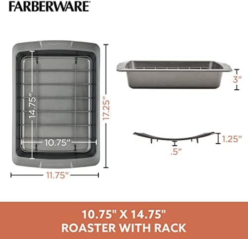 Farberware Bakeware Nonstick Roasting Pan/Roaster with U-Rack, 14.75 Inch x 10.75 Inch - Gray