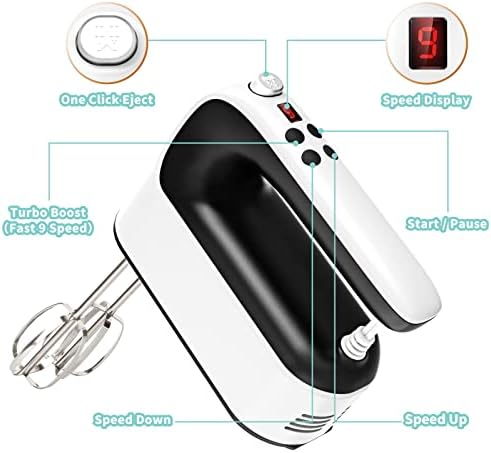 Yomelo 9-Speed Digital Hand Mixer Electric, 400W Powerful DC Motor, Hand Mixer Electric Handheld with Snap-On Storage Case, 5 Stainless Steel Accessories, Beaters, Dough Hooks, Whisk(White/Black)