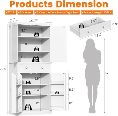 kepptory 72" Tall Kitchen Pantry Cabinet, Freestanding Storage Cabinet with Barn Doors and Drawer, Farmhouse Pantry Cupboard with Adjustable Shelves for Kitchen and Dining Room, White