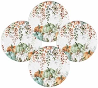 Fall Round Placemats Set of 4 Thanksgiving Autumn Eucalyptus Leaf Place Mats Woven Placemat Sage Green Maple Leaves Pumpkin Circle Braided Table Mat for Kitchen Holiday Party Fall Decor 15 Inch