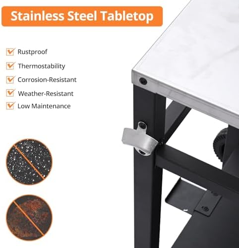 Dining Cart Table with Double-Shelf, Movable Stainless Steel Flattop Worktable, Hooks, Side Handle, Multifunctional for Bar, Patio, Camping, Home