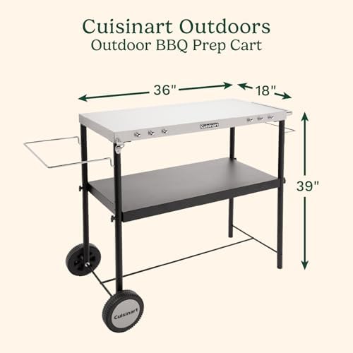 Cuisinart Outdoor BBQ Prep Cart, Stainless Steel Portable Grill Table with Wheels, Grill Cart with Adjustable Storage Shelf, Tool Hooks, Trash Bag & Paper Towel Holder