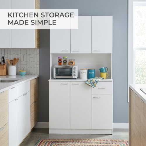 Basicwise Kitchen Storage Hutch with Doors & Shelves - 71 Inch Tall Wood Organizer, Deep Cupboard with Drawers, Modern Freestanding Unit for Dining Room, Bathroom, White - Versatile Pantry Cabinet