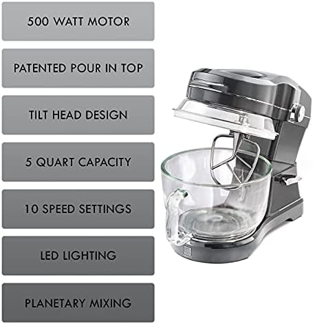 Kenmore Elite Ovation 5 Qt Stand Mixer, 500 Watts, with Revolutionary Pour-In Top, Tilt Head, Flat Beater, Whisk, Dough Hook, 360-degree Splash Guard, Glass Bowl, LED Light, Metallic Grey