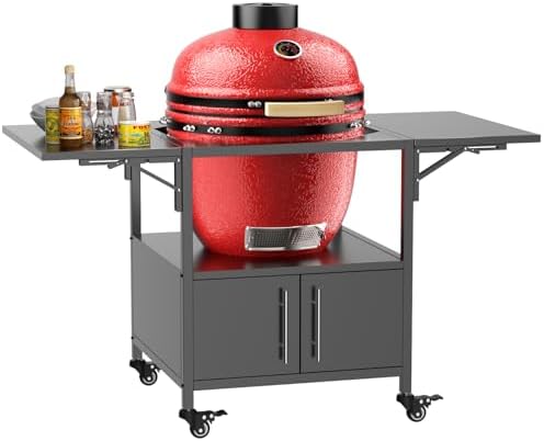 KEIKI Outdoor Grill Table for Big Green Egg, Metal BBQ Cart with Wheels and Dual Folding Side Shelves, Fits Large Green Egg and Kamado Joe Jr, Rolling Prep Station for Patio Cooking