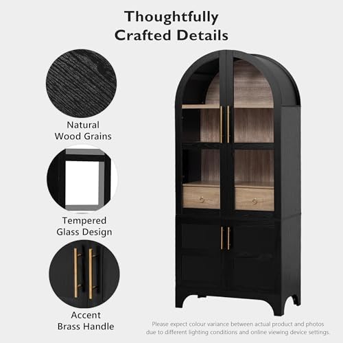 Merax 71" Farmhouse Arched Pantry Cabinet with Glass Doors & Hidden Drawer, Adjustable Shelves Storage Cupboard for Kitchen/Dining Room, Black