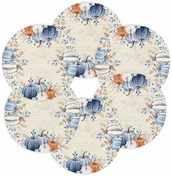 Fall Round Placemats Set of 6 Pumpkin Blue Orange Thanksgiving Place Mats Washable Woven Placemat White Pumpkin Leaves Circle Braided Table Mat for Kitchen Dining Table Holiday Party Decor 15 Inch