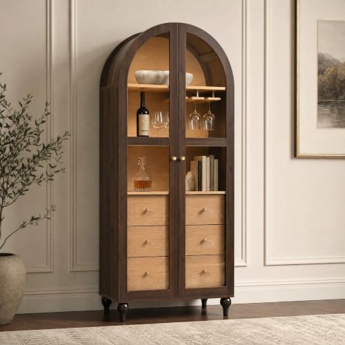 Christopher Knight Home Huxley 69"Tall Arched Kitchen Pantry Cabinet with Hidden Drawer, Wooden Pantry Cabinets for Kitchen Storage, Kitchen Storage Cabinet with Adjustable Shelves+Glass Door, Walnut